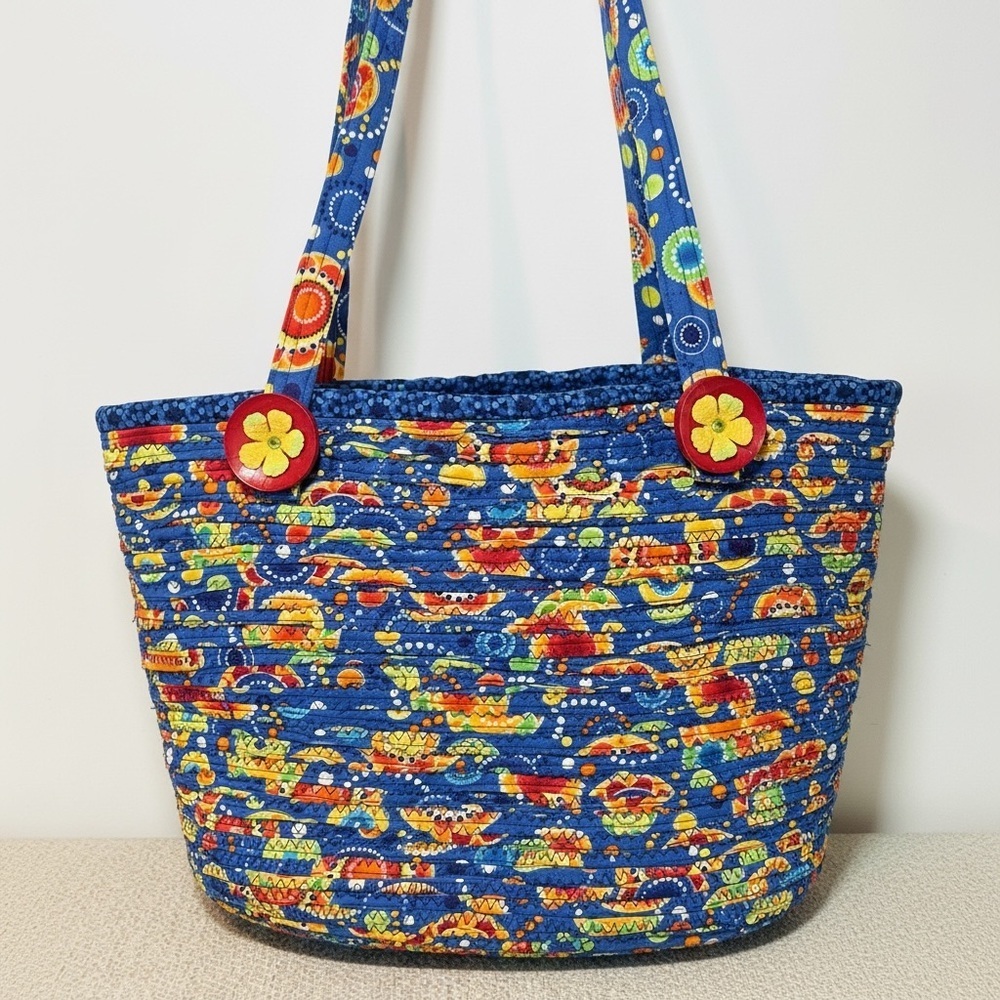 Handmade Coiled Rope Basket Tote Bag - Blue and Yellow Floral